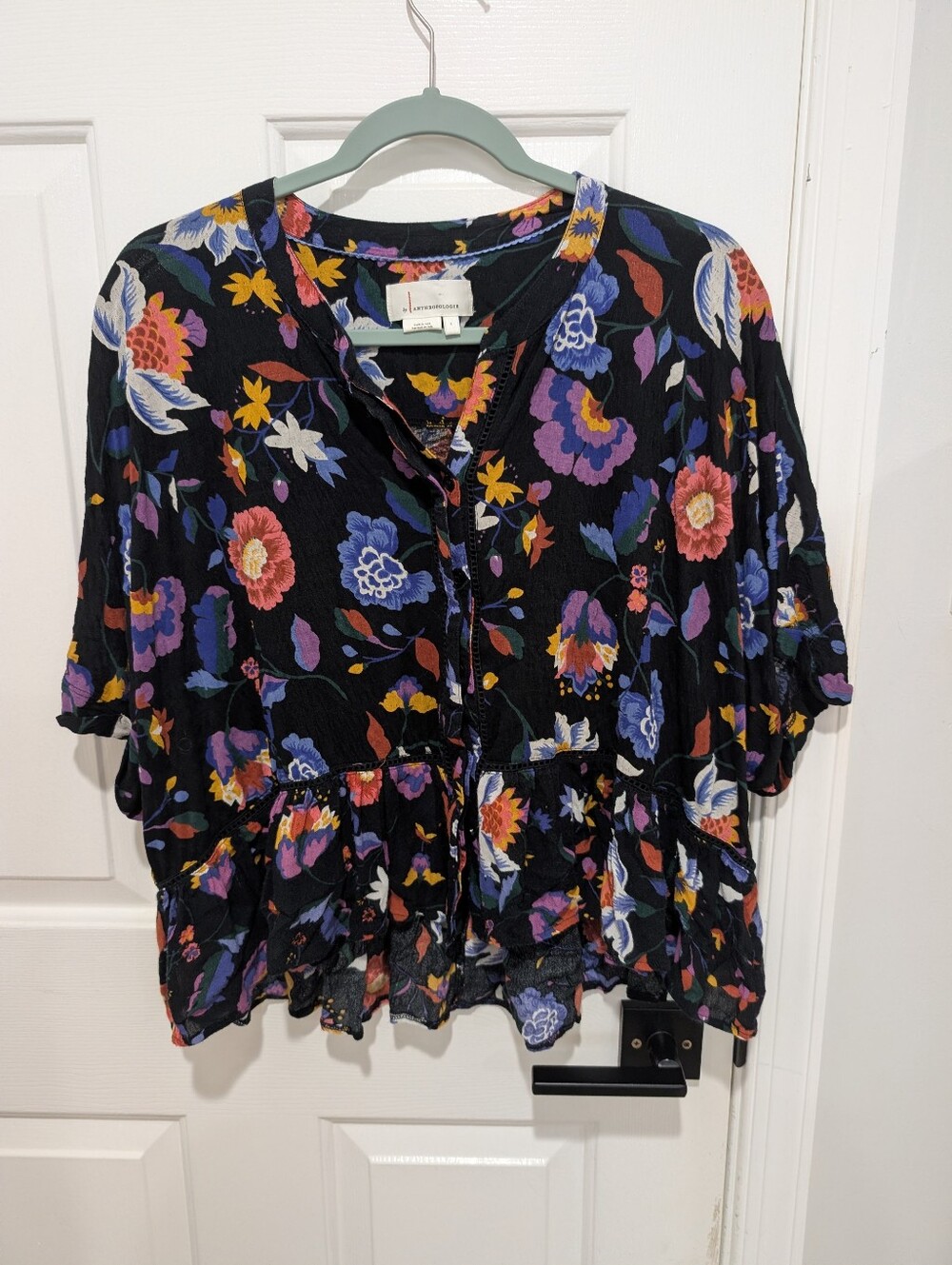 Anthropologie Black Floral V-Neck Blouse